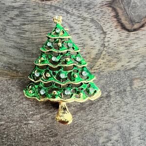 Rhinestone studded Christmas tree with ornament gold tone pin brooch